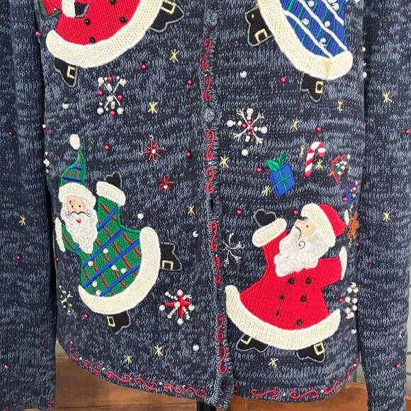 Designers Originals Joy Blue Button Cardigan Santa Embroidery Appliqué Size M - Picture 11 of 14